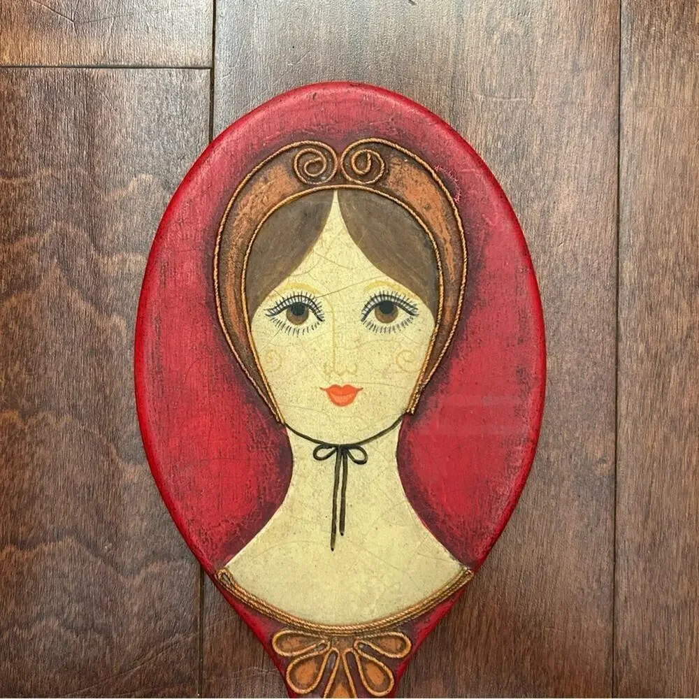 Rare Vintage 1960s Red Wooden Handmade Decorative Hand Mirror, Artist Signed